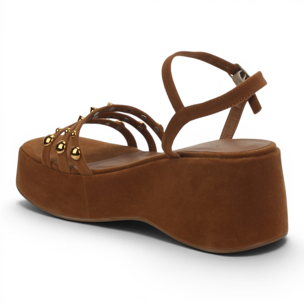 Love Rio Studded Suede Platform Wedge Sandal - Whiskey