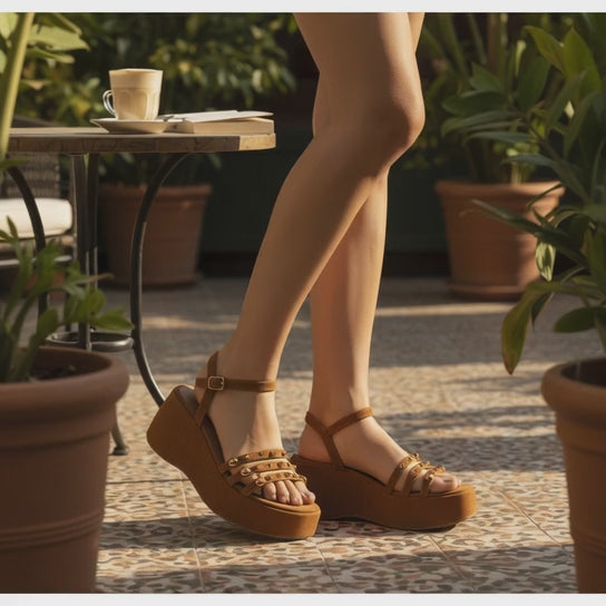 Love Rio Studded Suede Platform Wedge Sandal - Whiskey